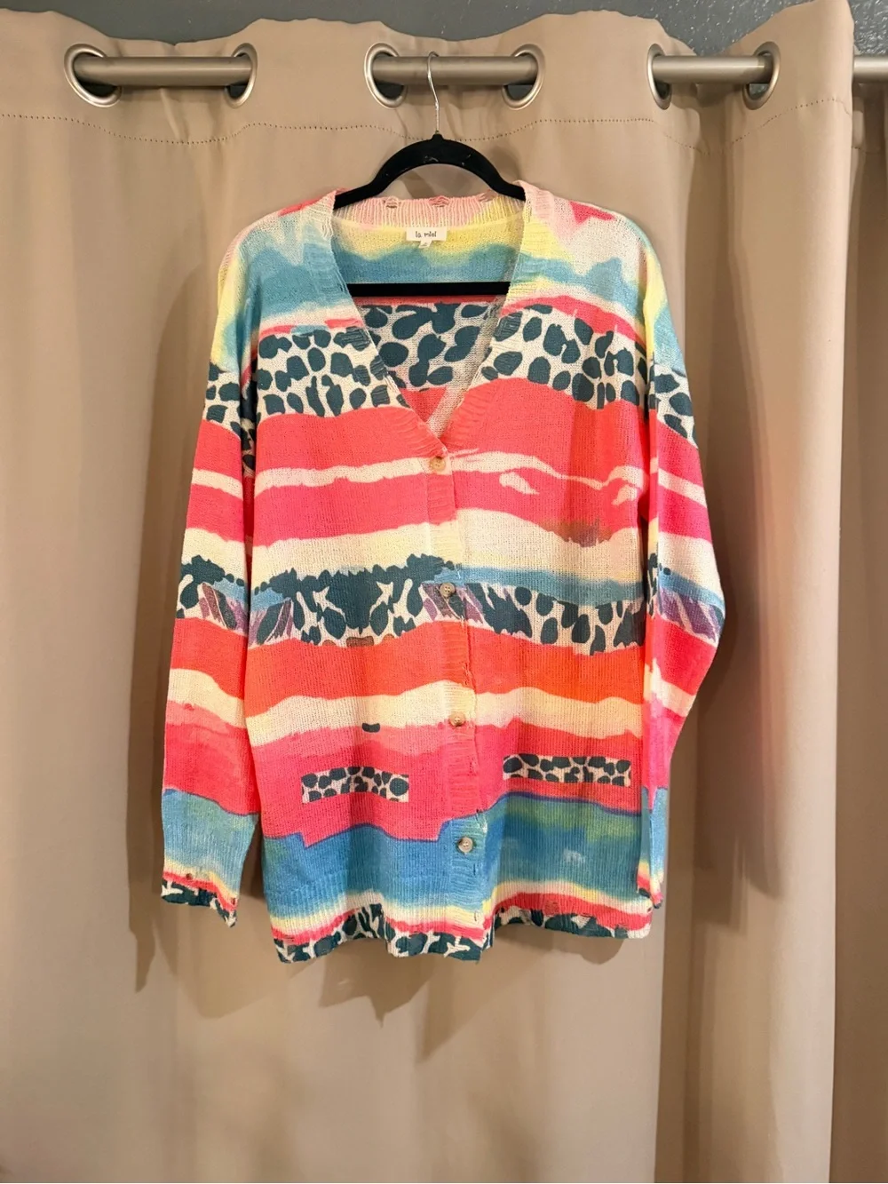 LA MIEL Pastel Rainbow Knit Cardigan in Pink, Yellow, Blue